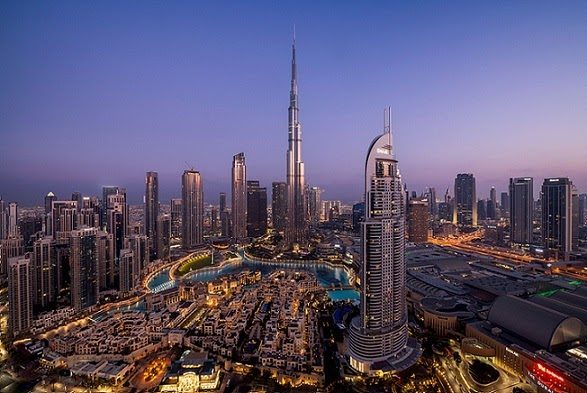 The boulevard and towers of Downtown Dubai near Burj Khalifa