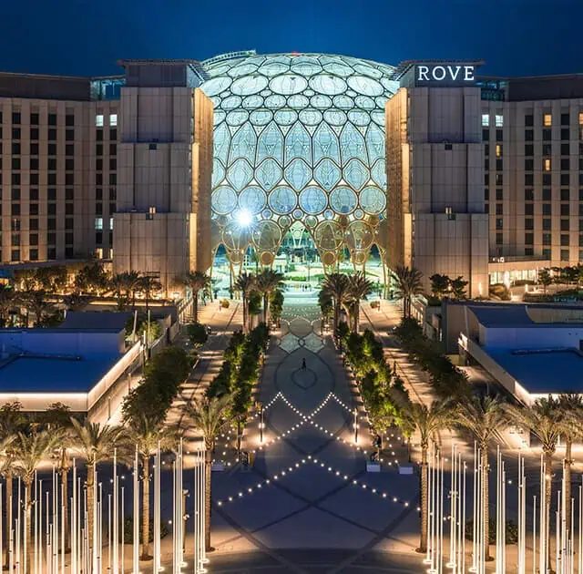 Exterior of the Rove Expo City hotel next to Al Wasl Plaza