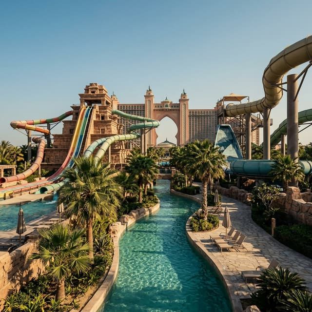 Slides and pools at Aquaventure Waterpark at Atlantis, Dubai