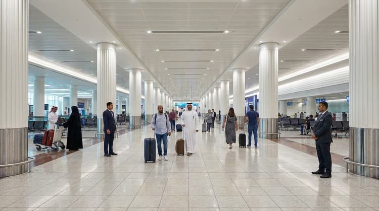 Travellers walking through a Dubai airport arrivals terminal