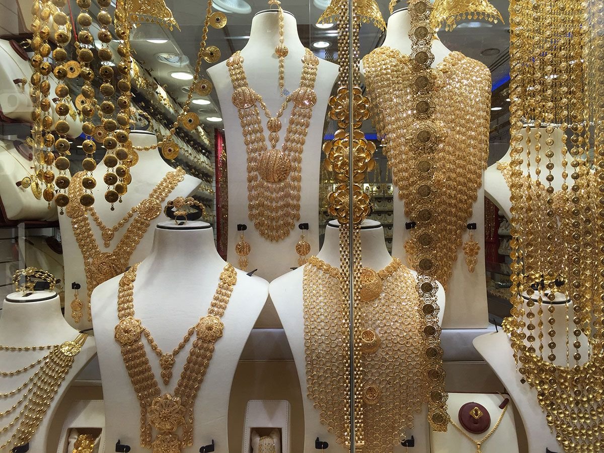Gold jewellery displayed in the Deira Gold Souk