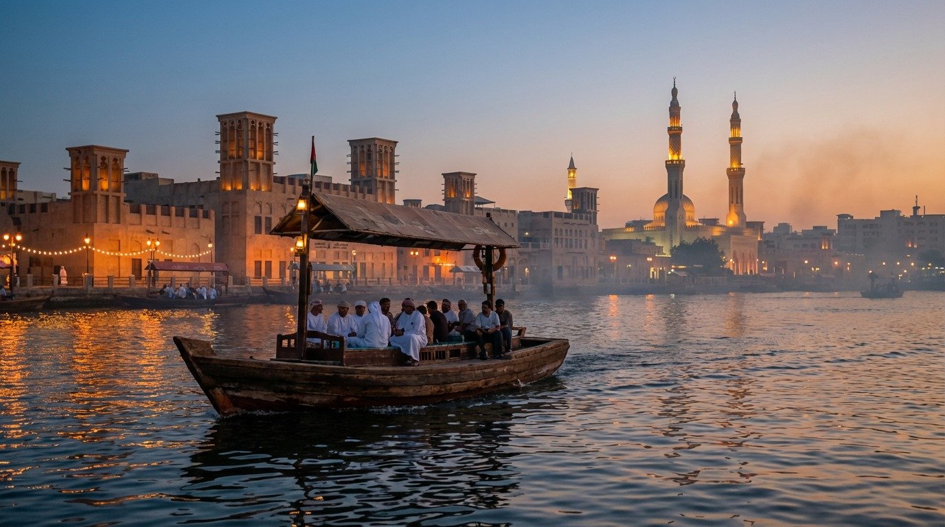 A traditional abra boat crossing Dubai Creek