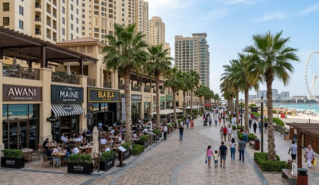 The Walk at JBR with restaurants and beachfront
