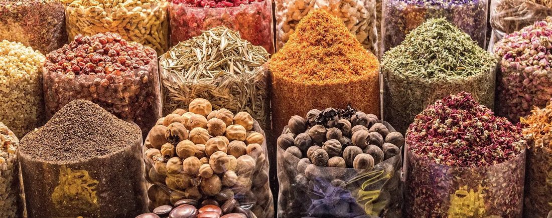 Sacks of spices and dried goods at the Spice Souk