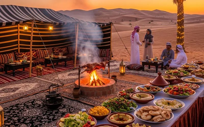 BBQ buffet dinner setup at a desert safari camp in Dubai