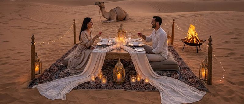 A couple enjoying a private candlelit dinner in the desert with a camel nearby