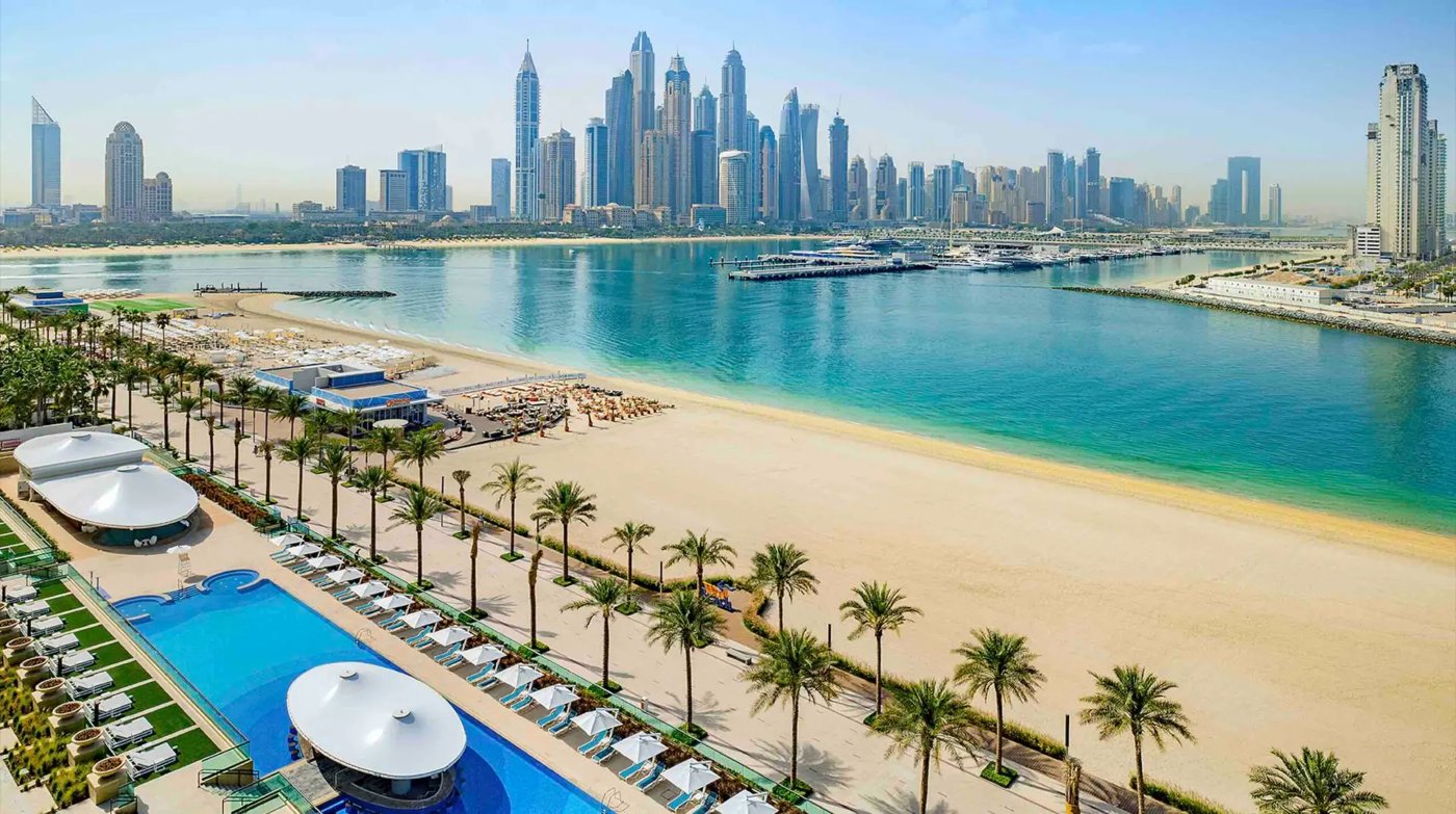 Luxury resort private beach on Palm Jumeirah with Burj Al Arab view