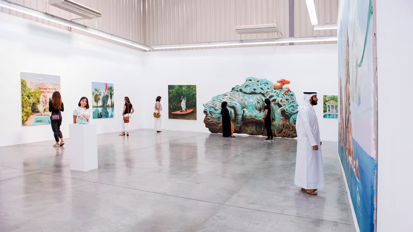 Contemporary art gallery interior with large paintings in Al Quoz Dubai