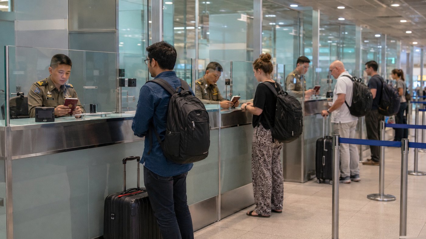 Passport control desks at a UAE airport terminal
