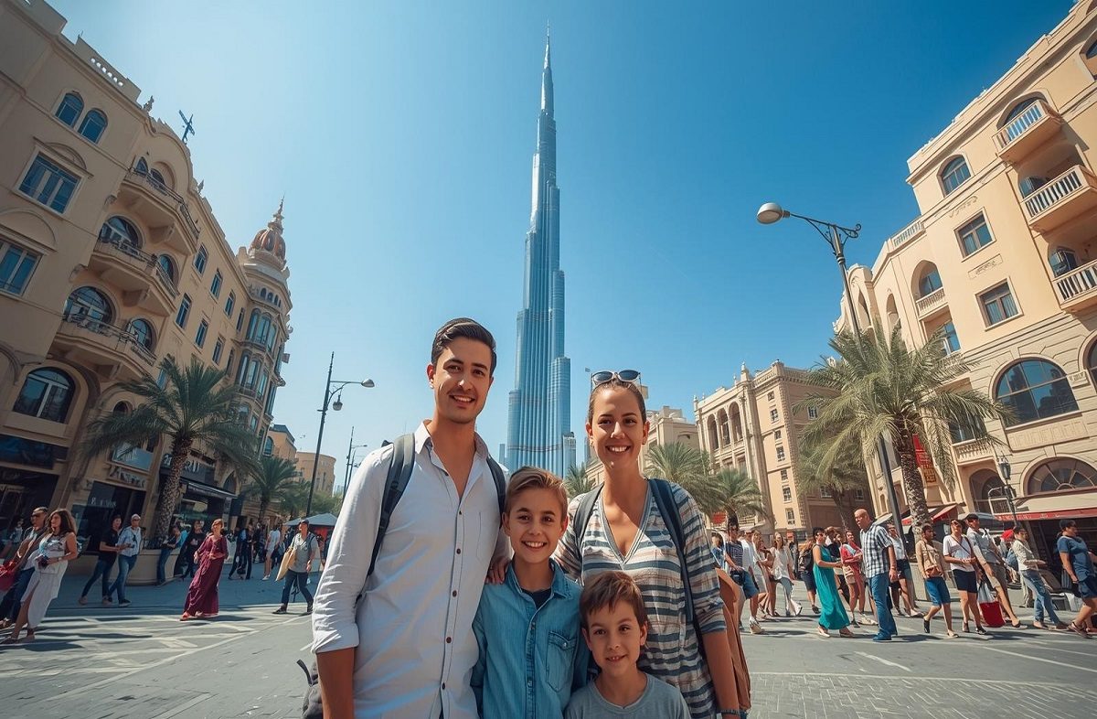 A family walking near the Burj Khalifa lake in Downtown Dubai