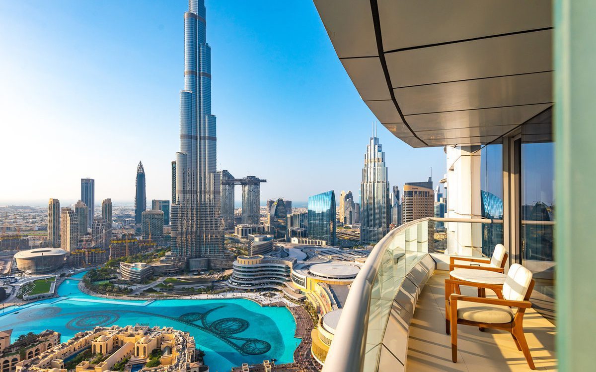 Burj Khalifa and Dubai Fountain viewed from an apartment balcony in Downtown Dubai