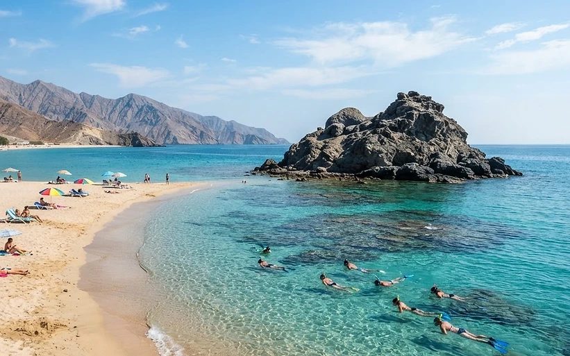 A snorkeller swimming over a reef near Snoopy Island at Al Aqah