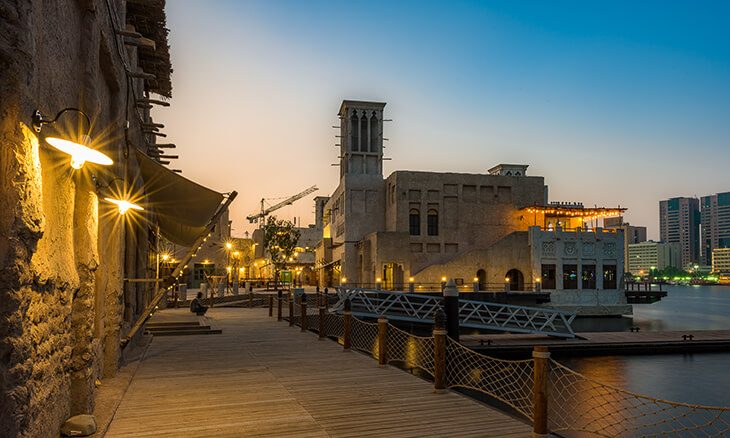 Heritage buildings along Al Seef promenade on Dubai Creek