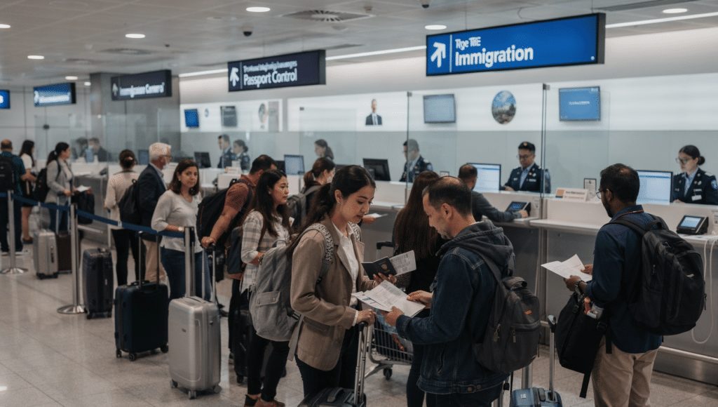Passengers at airport immigration passport control
