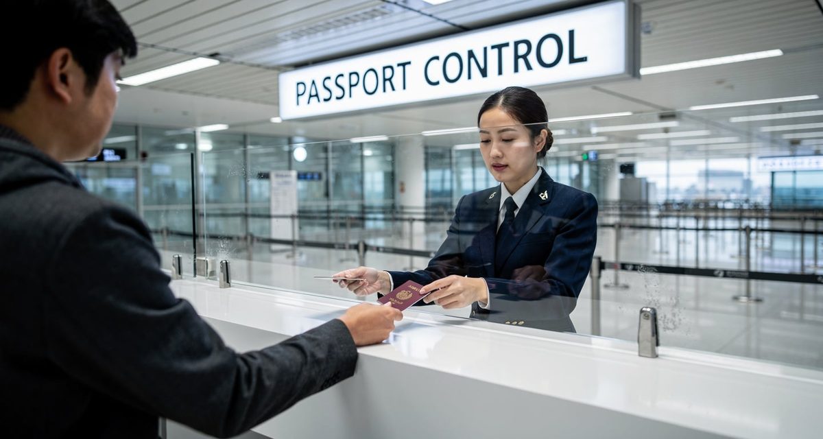 Passengers passing through airport passport control