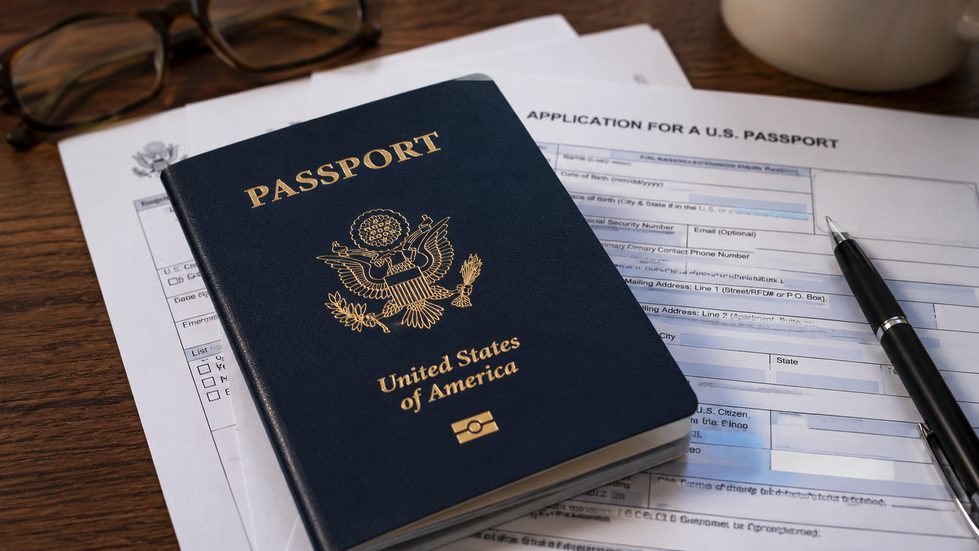 Passport, photographs and application paperwork laid out for a visa application