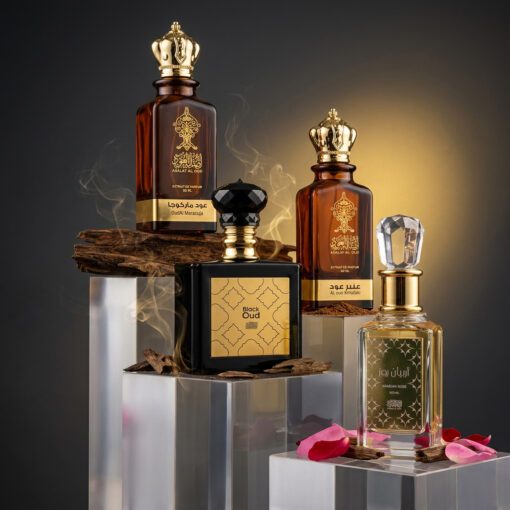 Perfume bottles and oud in a traditional shop