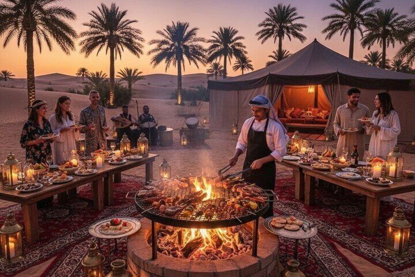 VIP seating and dinner area at an upscale desert safari camp