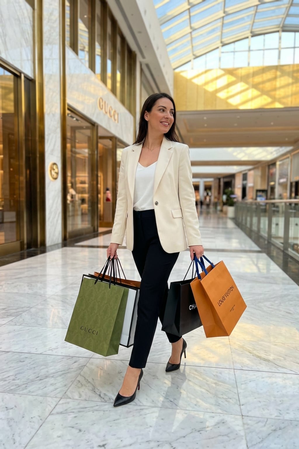 Designer shopping bags carried by a shopper in a Dubai mall