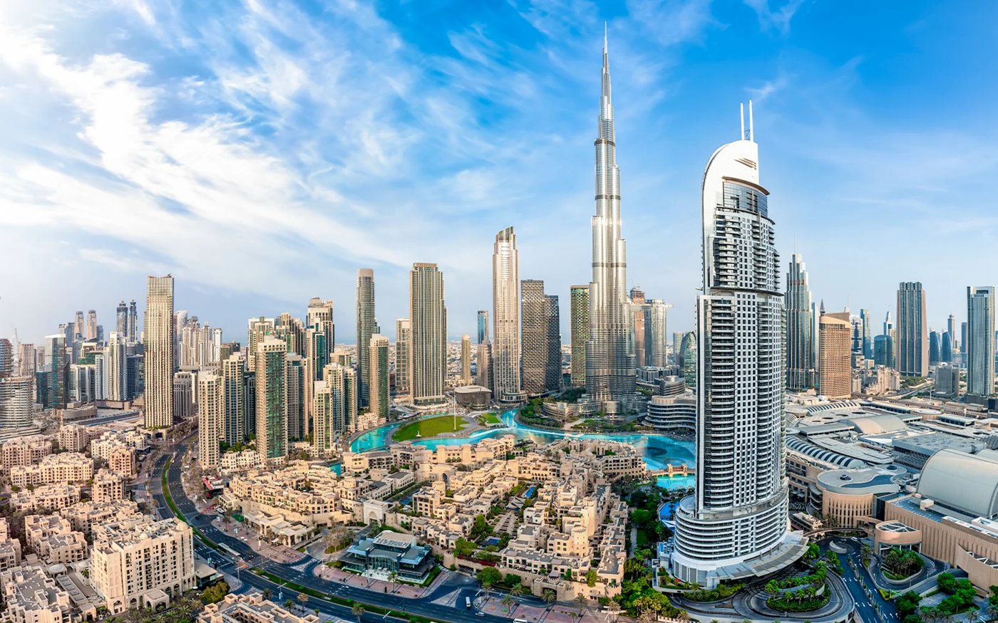 Dubai skyline with the Burj Khalifa seen by a visiting tourist