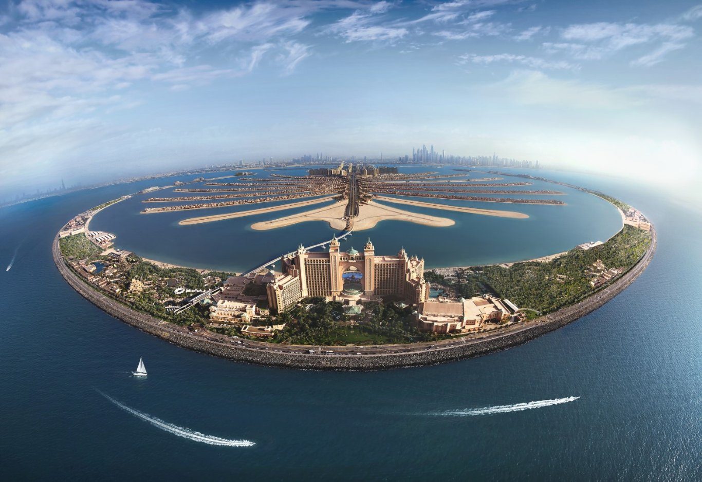 An aerial view of Palm Jumeirah resorts and Atlantis in Dubai