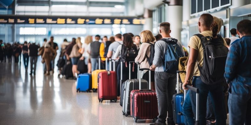 Travellers with luggage walking through a busy airport departures hall