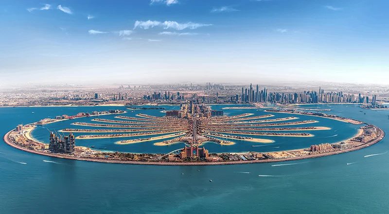 Aerial view of Palm Jumeirah and the Dubai coastline