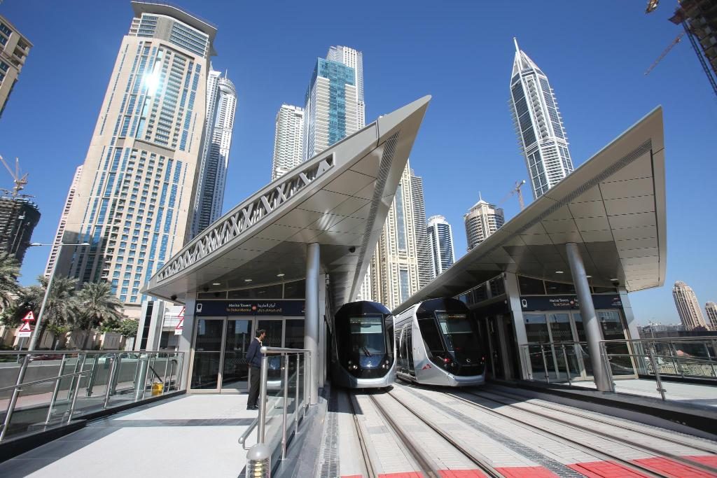 A Dubai Tram passing through Dubai Marina