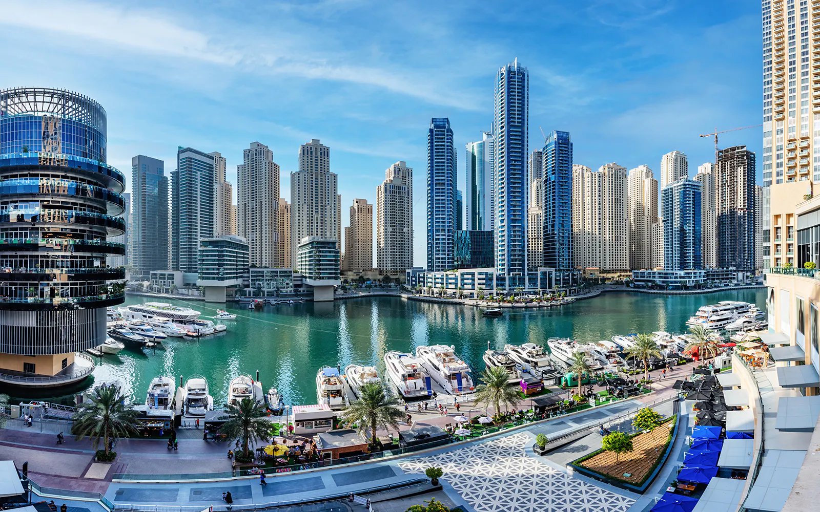 Dubai Marina waterfront with towers and walkways
