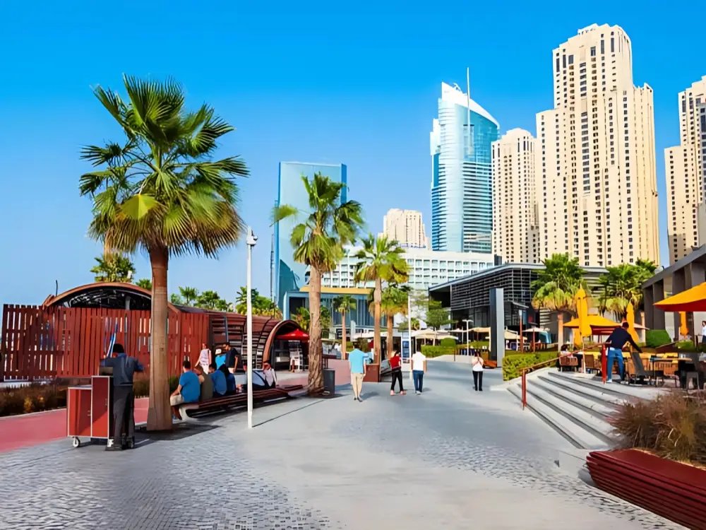 The Walk at JBR with beach umbrellas and the Dubai skyline