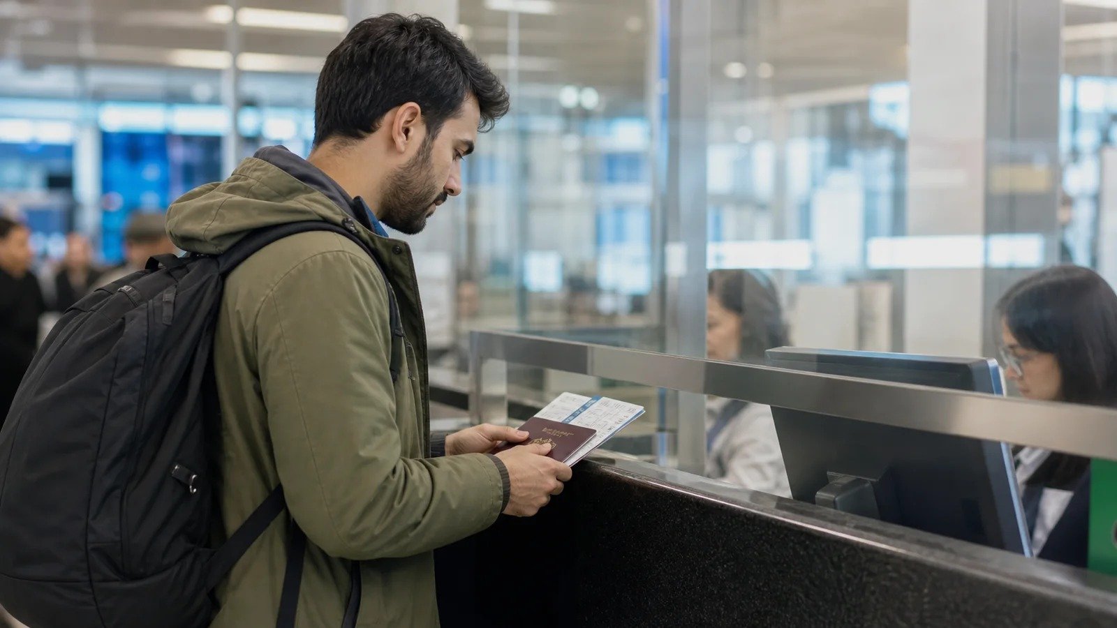 A traveller preparing travel documents and a passport photo
