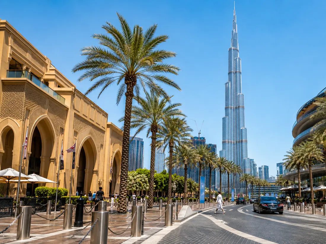 Downtown Dubai boulevard with Burj Khalifa views