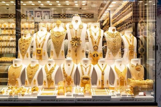 Gold jewellery displayed in a Gold Souk window