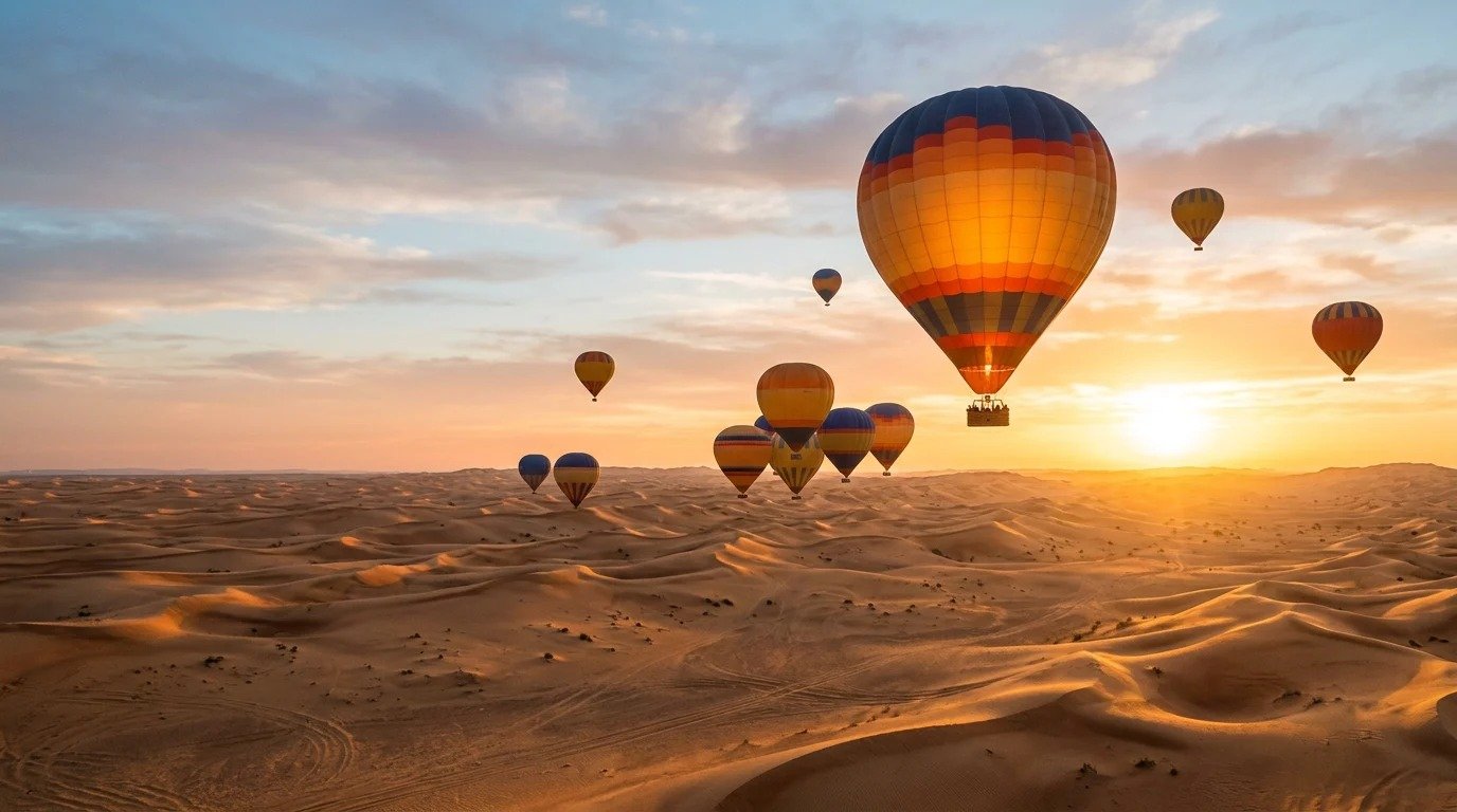 Hot air balloons floating over desert dunes at sunrise near Dubai