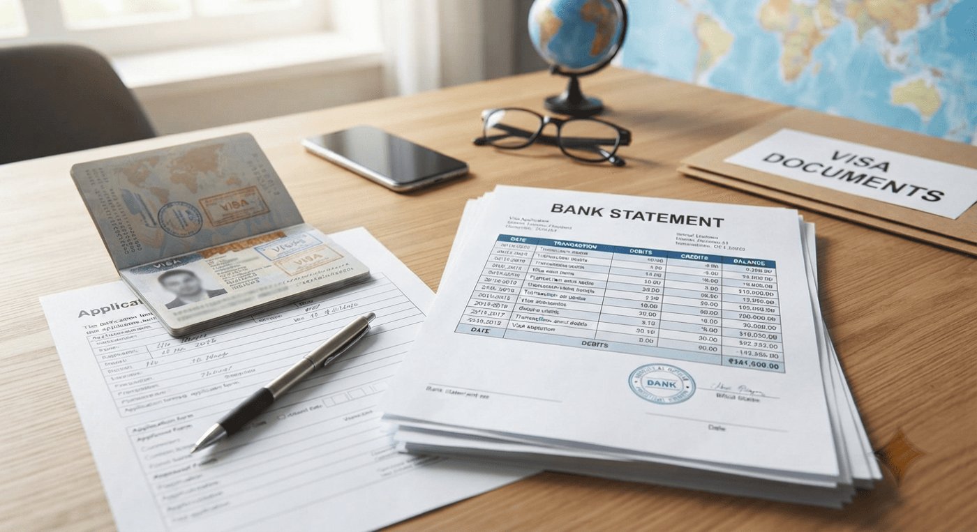 Traveller preparing passport photos and bank statements for a visa application