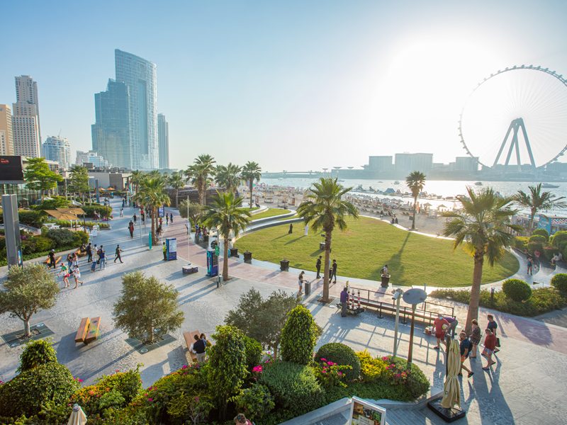 Families strolling the promenade at JBR The Beach in Dubai