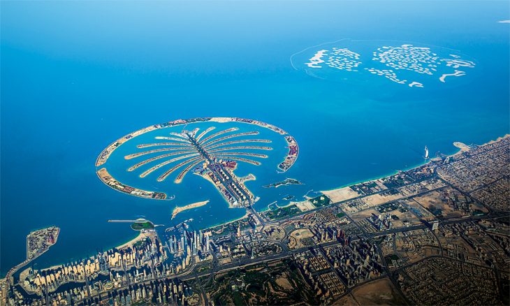 Aerial view of Palm Jumeirah stretching into the Arabian Gulf