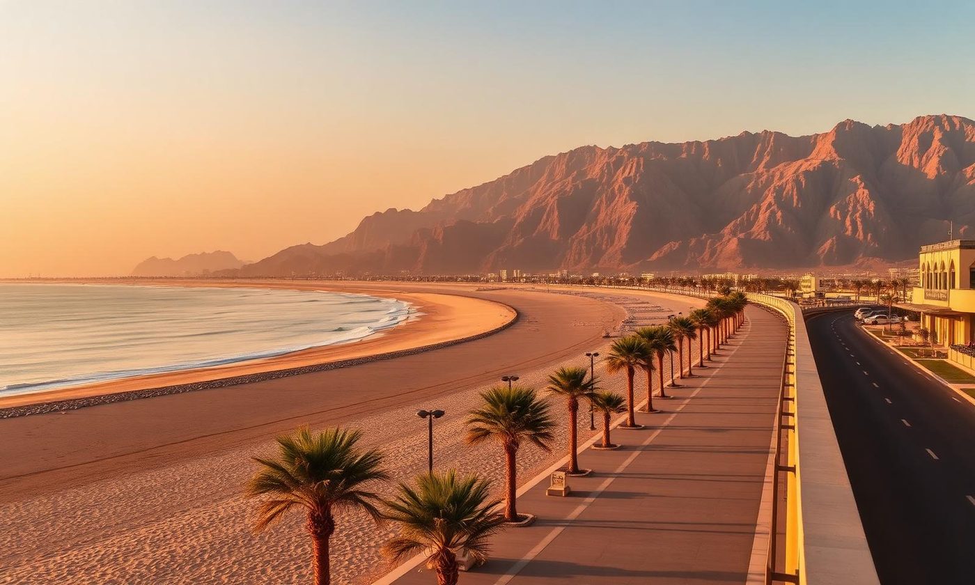 The Khor Fakkan corniche and beach with boats in the bay