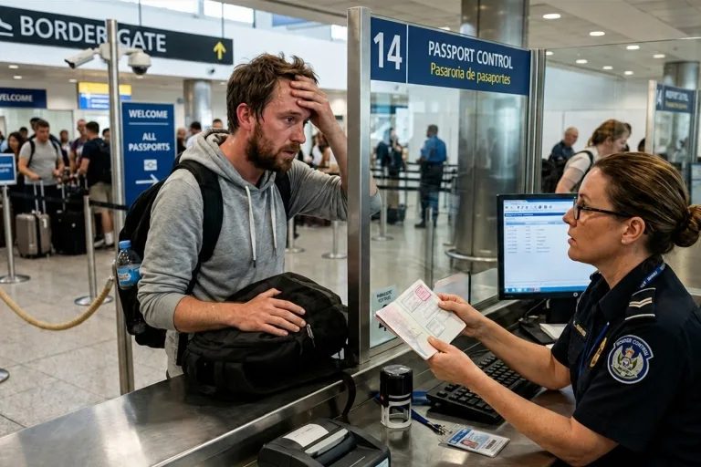 A border officer checking a passport at an airport control desk