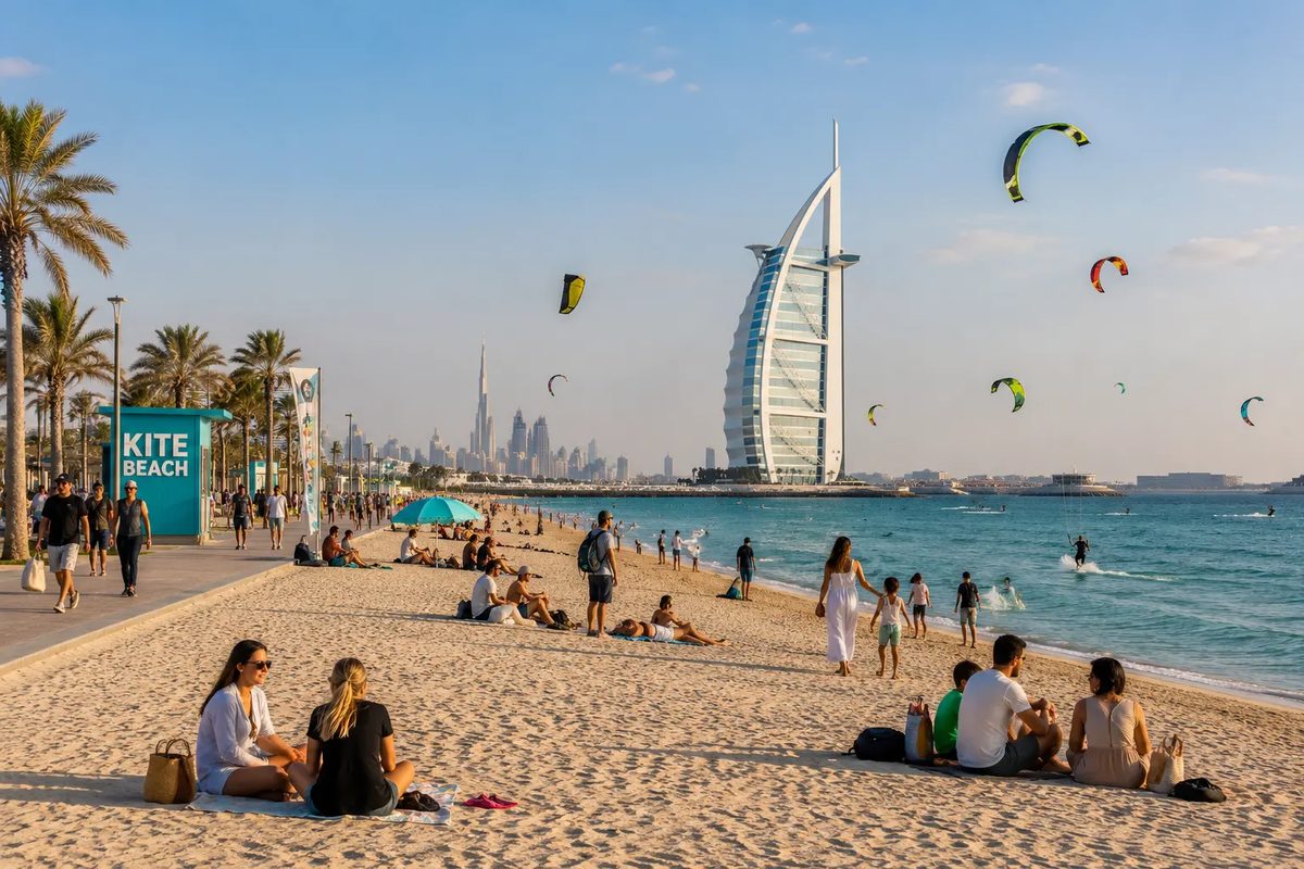 Swimmers and sunbathers on Kite Beach with Burj Al Arab in the distance
