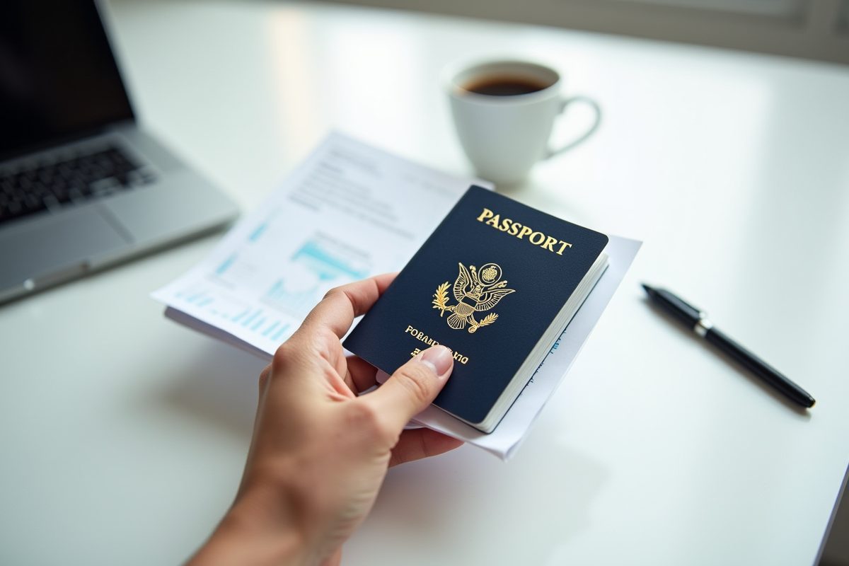 Passport and travel documents on a desk — used to verify visa details against the portal result