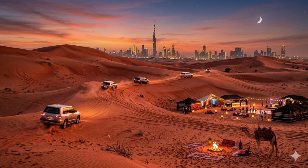 A desert safari at sunset with golden dunes