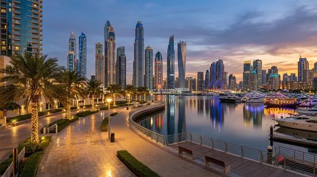 Dubai Marina skyline and walkway in the evening