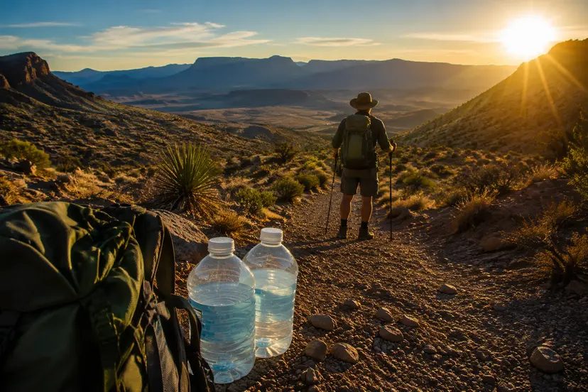 Hiker with backpack, hat and water bottle in rocky terrain