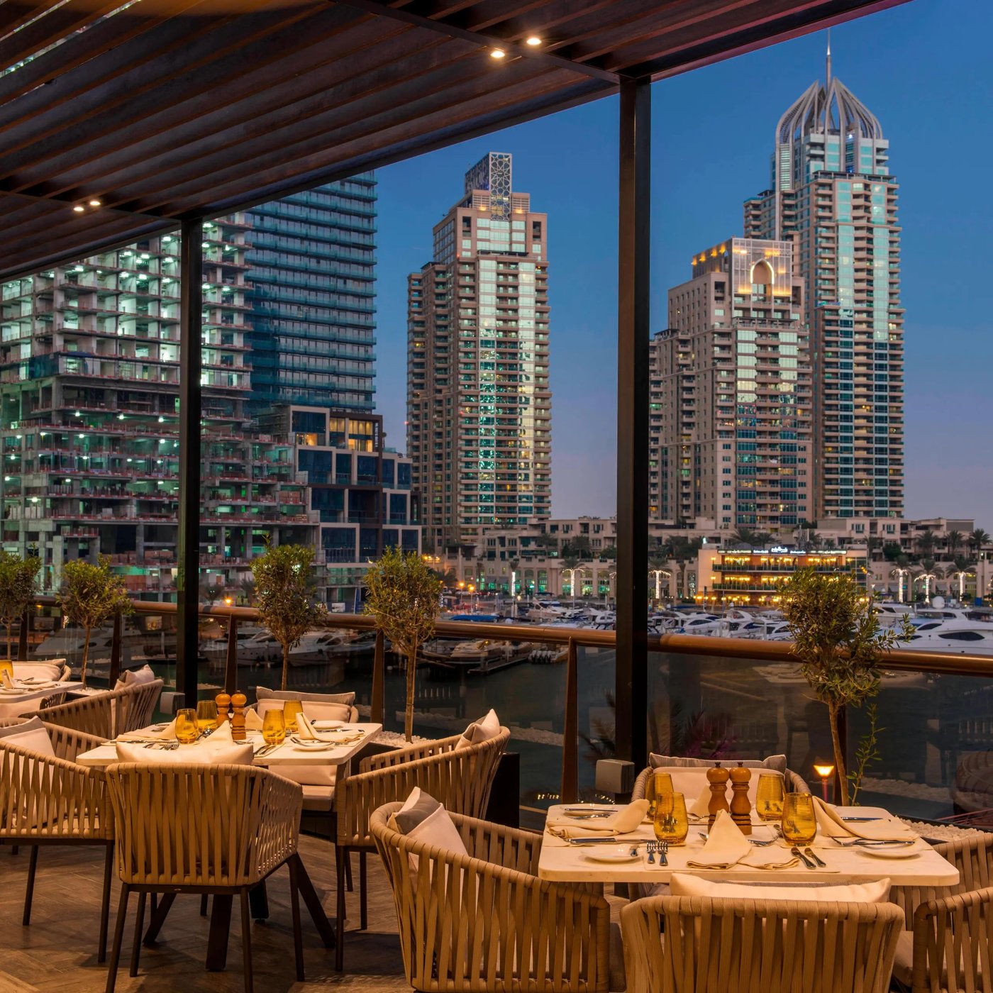 Sit-down restaurant dinner table in Dubai in the evening