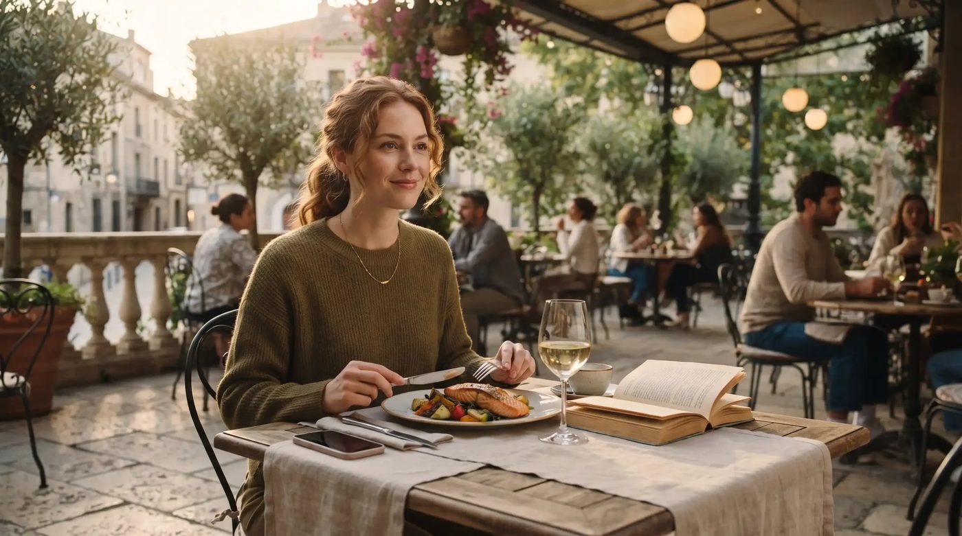 A single diner enjoying a meal and coffee at a small restaurant table