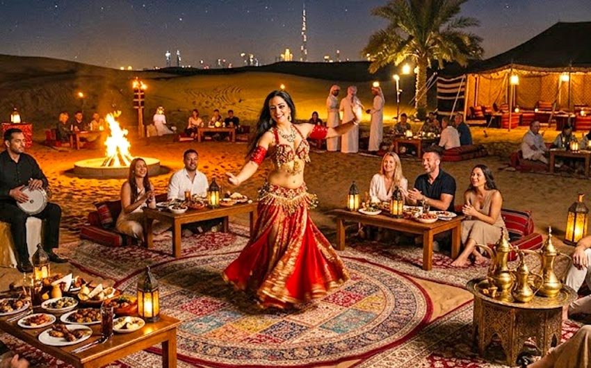 BBQ dinner and traditional dance performance at a Dubai desert camp at night with the city skyline behind