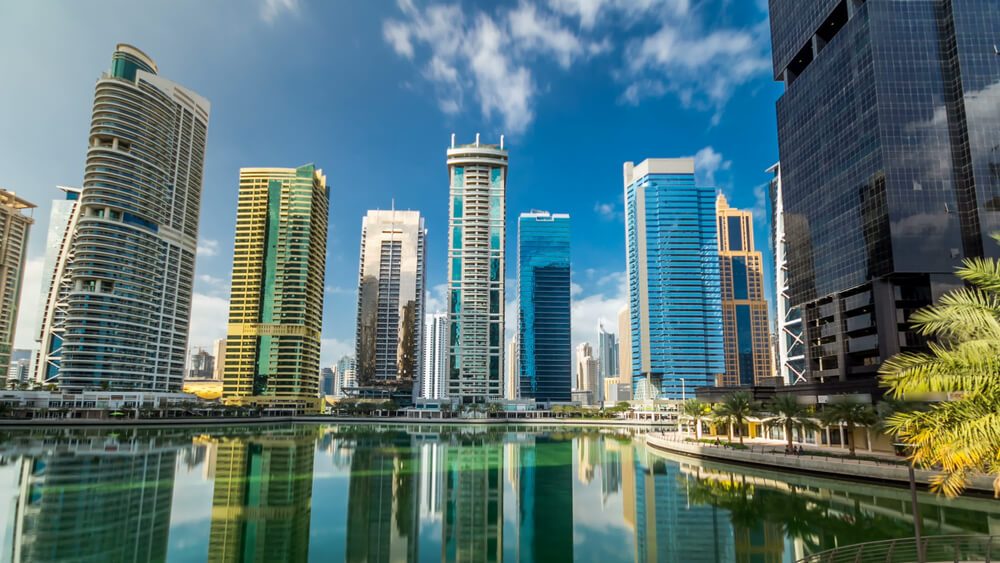 The towers and lakes of Jumeirah Lake Towers in Dubai
