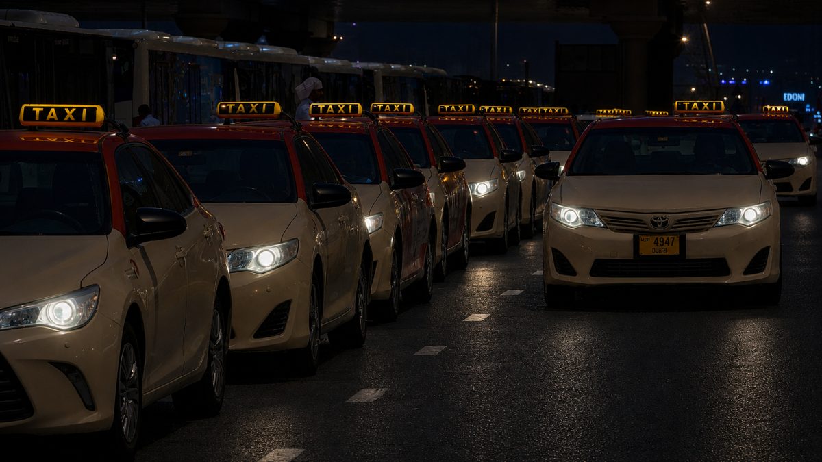 A taxi driving through Dubai streets at night