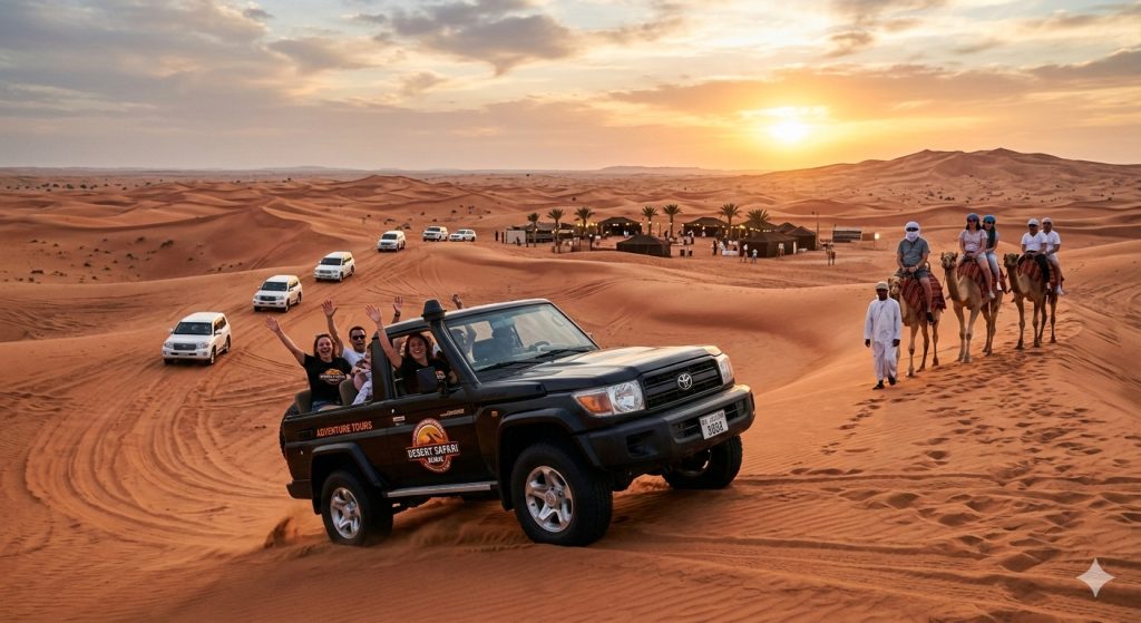 Tourists on a desert safari at sunset near Dubai